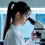 白衣を着た日本人女性品質管理職人が、微生物検査用の培養皿を顕微鏡で入念に検査している様子。背後には清潔な実験室と、デジタルデータが表示されたモニターがある