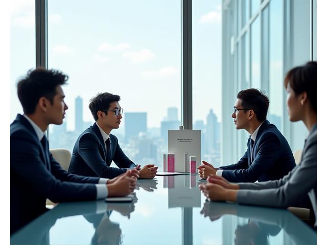 洗練されたオフィス環境で、複数のビジネスパーソンが話し合っている様子。背景にはサクラエッセンスのメンズケア製品が配置されている。