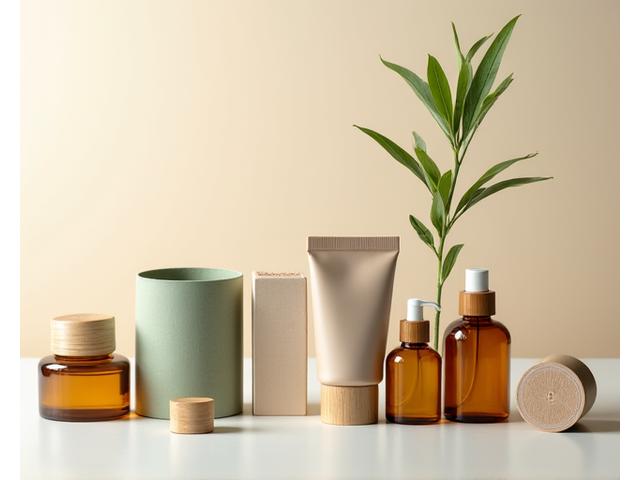 美しくデザインされたエコフレンドリーな化粧品パッケージの様々なサンプル。竹、再生紙、ガラスなどの自然素材が使用されている。